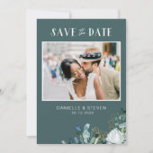 Elegante romantische witte bloemen eucalyptus brui save the date (Voorkant)