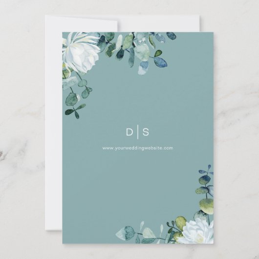 Elegante romantische witte bloemen eucalyptus brui save the date (Achterkant)