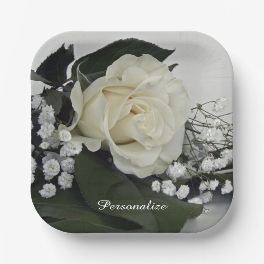 Elegante & Romantische Witte Roos Gepersonaliseerd Papieren Bordje (Voorkant)