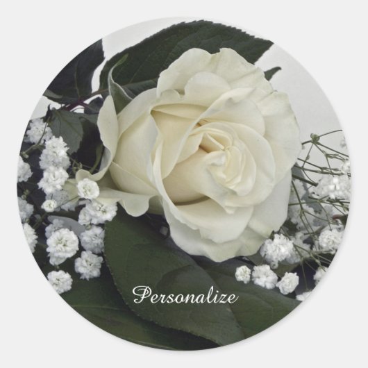 Elegante & Romantische Witte Roos Gepersonaliseerd Ronde Sticker (Voorkant)