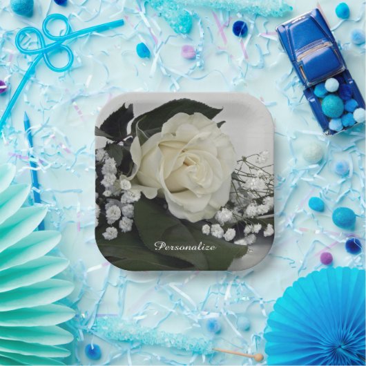 Elegante & Romantische Witte Roos Personaliseerbaa Papieren Bordje (Feest)