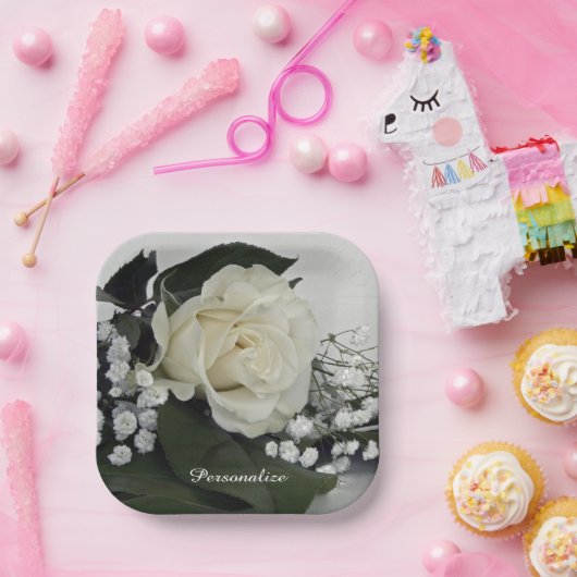 Elegante & Romantische Witte Roos Personaliseerbaa Papieren Bordje (Feest)