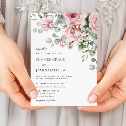 Elegante romantische zachte blos roze bloemenbruil kaart