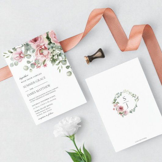 Elegante romantische zachte blos roze bloemenbruil kaart