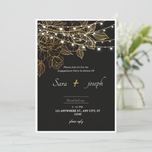 Elegante romantische zwart en gouden bruiloft uitn kaart (Staand voorkant)