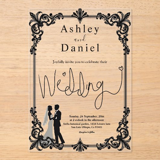 Elegante romantische zwart-wit klassieke bruiloft acryl uitnodigingen (Voorkant)