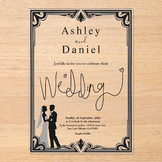 Elegante Romantische Zwart-Wit Klassieke Bruiloft Acryl Uitnodigingen (Voorkant)