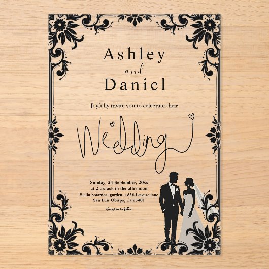 Elegante romantische zwart-wit koppel bruiloft acryl uitnodigingen (Voorkant)