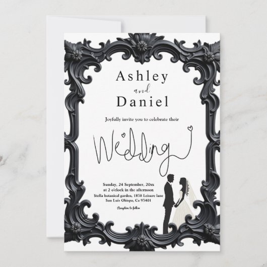 Elegante romantische zwart-wit Lijst bruiloft Kaart (Voorkant)
