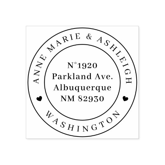 Elegante ronde hart bruiloft namen retour adres rubberstempel (Afrduk)