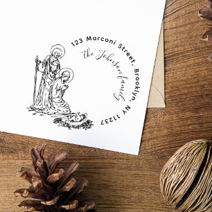 Elegante ronde kerststal familie retour adres  zelfinktende stempel