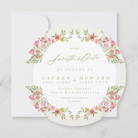 Elegante ronde romantische bloemenlente niet foto save the date (Voorkant)