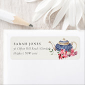 Elegante Rood Blauwe Theepot Bloemige Thee Party A Etiket (Insitu)