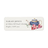 Elegante Rood Blauwe Theepot Bloemige Thee Party A Etiket (Voorkant)