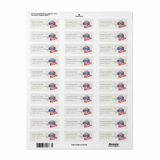 Elegante Rood Blauwe Theepot Bloemige Thee Party A Etiket (Full Sheet)