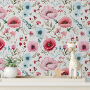 Elegante Rood Blauwe Wilde Bloem verwijderbare Beh Behang
