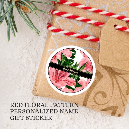 Elegante Rood Bloemmotief Aangepaste Naam Ronde Sticker