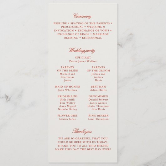 Elegante Rood & Donker Zwart Blauw Huwelijksceremo Programmakaart (Achterkant)