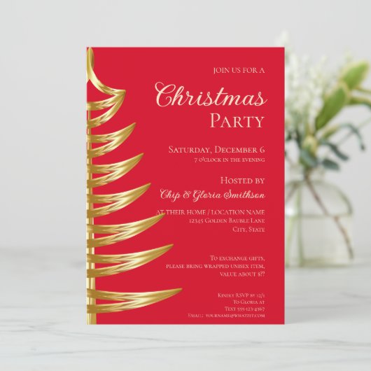 Elegante rood en goud kerstfeest uitnodiging (Staand voorkant)