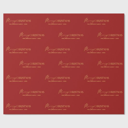 Elegante Rood en Goud Prettig Kerstmis Familienaam Cadeaupapier (Vlak)