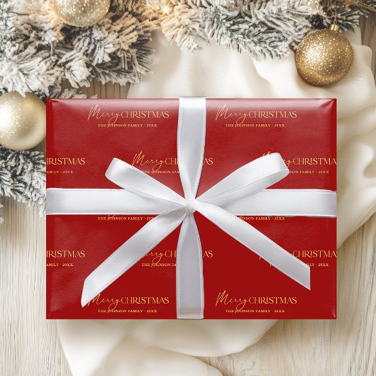 Elegante Rood en Goud Prettig Kerstmis Familienaam Cadeaupapier