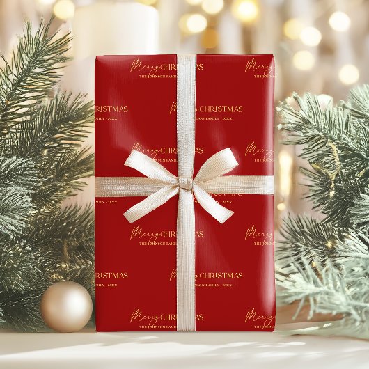 Elegante Rood en Goud Prettig Kerstmis Familienaam Cadeaupapier
