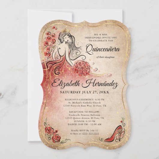 Elegante rood en goud prinses Quinceanera verjaard Kaart (Voorkant)