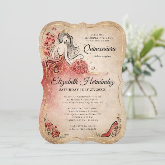 Elegante rood en goud prinses Quinceanera verjaard Kaart (Staand voorkant)
