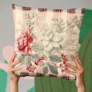 Elegante rood en wit geruite bloemen kussen