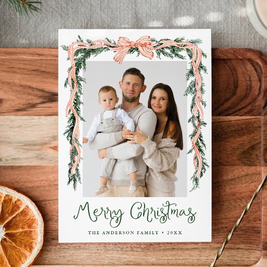 Elegante rood gestreepte boog groen 4 foto feestdagenkaart