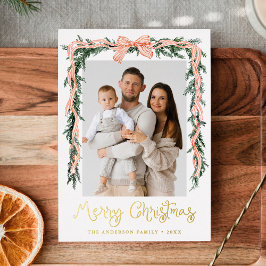 Elegante rood gestreepte boog groen 4 foto folie feestdagenkaart