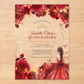 Elegante rood goud betoverde bloemige Quinceanera Acryl Uitnodigingen (Voorkant)