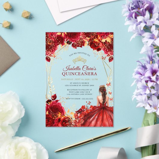Elegante rood goud betoverde bloemige Quinceanera Acryl Uitnodigingen (Insitu (Huwelijk))