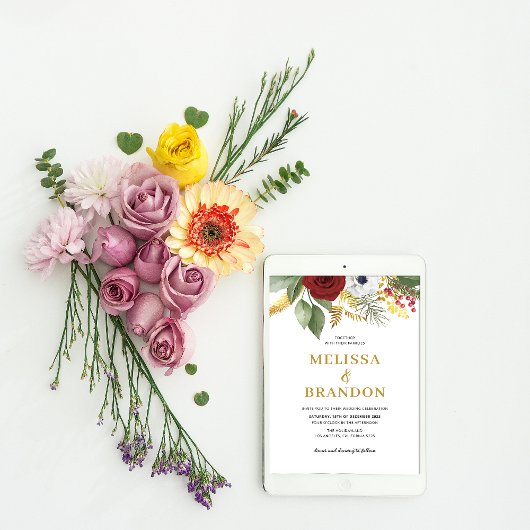 Elegante Rood & Goud Bloemen Monogram Huwelijk Kaart