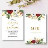 Elegante Rood & Goud Bloemen Monogram Huwelijk Kaart