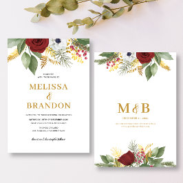 Elegante Rood & Goud Bloemen Monogram Huwelijk Kaart