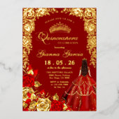 Elegante Rood Goud Bloemen Quinceanera Party Folie Folie Uitnodiging (Voorkant)