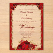 Elegante Rood Goud Bloemen Rozen Formele bruiloft Acryl Uitnodigingen (Voorkant)