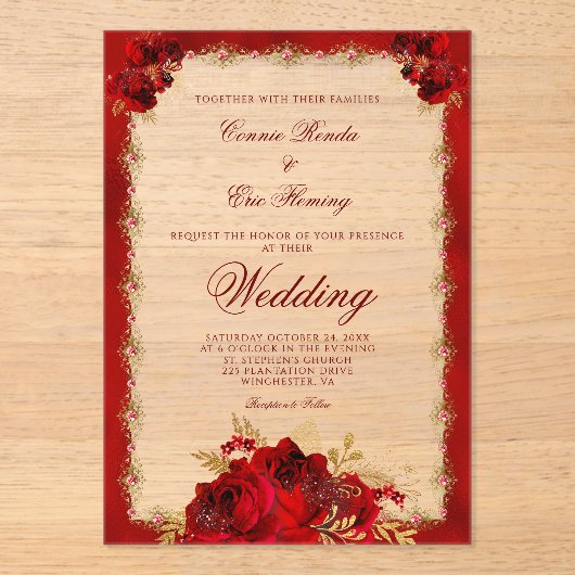 Elegante Rood Goud Bloemen Rozen Formele bruiloft Acryl Uitnodigingen (Voorkant)