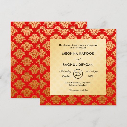 Elegante Rood Goud Damast Patroon Indiase bruiloft Kaart (Voorkant / Achterkant)
