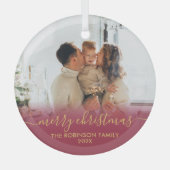 Elegante Rood Goud Familie Foto Vrolijk Kerstmis Glas Ornament (Voorkant)