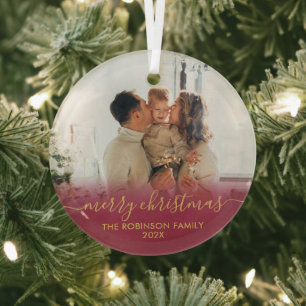 Elegante Rood Goud Familie Foto Vrolijk Kerstmis Glas Ornament