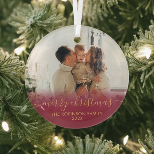 Elegante Rood Goud Familie Foto Vrolijk Kerstmis Glas Ornament (Insitu)