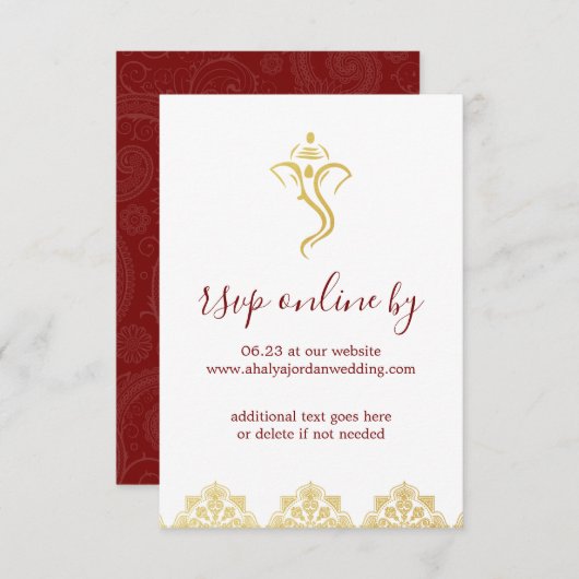 Elegante Rood & Goud Ganesha & Mehndi Wedding RSVP Kaart (Voorkant / Achterkant)