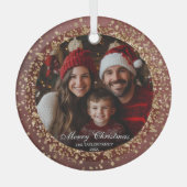 Elegante Rood Goud Glitter Kerstmis Familiefoto Glas Ornament (Voorkant)