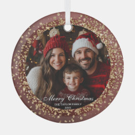 Elegante Rood Goud Glitter Kerstmis Familiefoto Glas Ornament