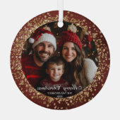 Elegante Rood Goud Glitter Kerstmis Familiefoto Glas Ornament (Achterkant)