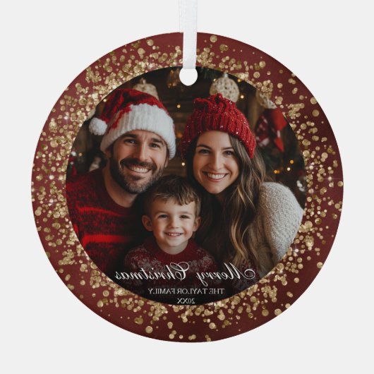 Elegante Rood Goud Glitter Kerstmis Familiefoto Glas Ornament (Achterkant)