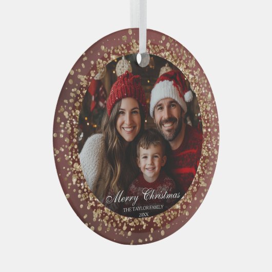 Elegante Rood Goud Glitter Kerstmis Familiefoto Glas Ornament (Voorkant Rechts)