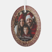 Elegante Rood Goud Glitter Kerstmis Familiefoto Glas Ornament (Voorkant links)